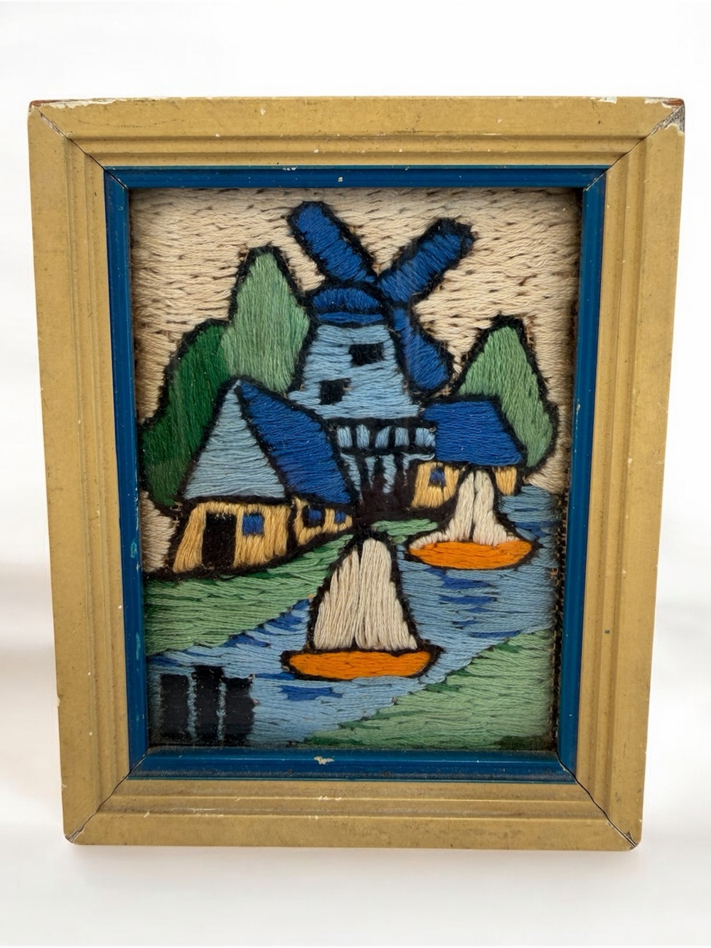 Vintage Crewel Embroidery Mini Framed Dutch Windmill Sailboats Cottages Wall Art
